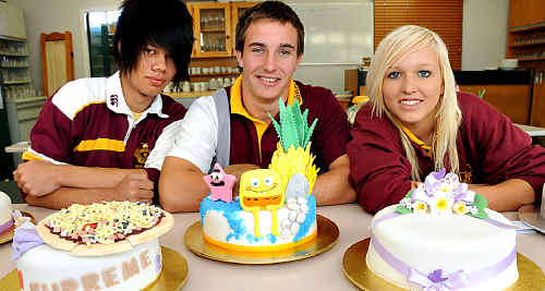 Gympie High students Shane Andersen, Jack McCudden, Chanel Gall with their decorated cakes. Gympie High students Shane Andersen, Jack McCudden, Chanel Gall with their decorated cakes.